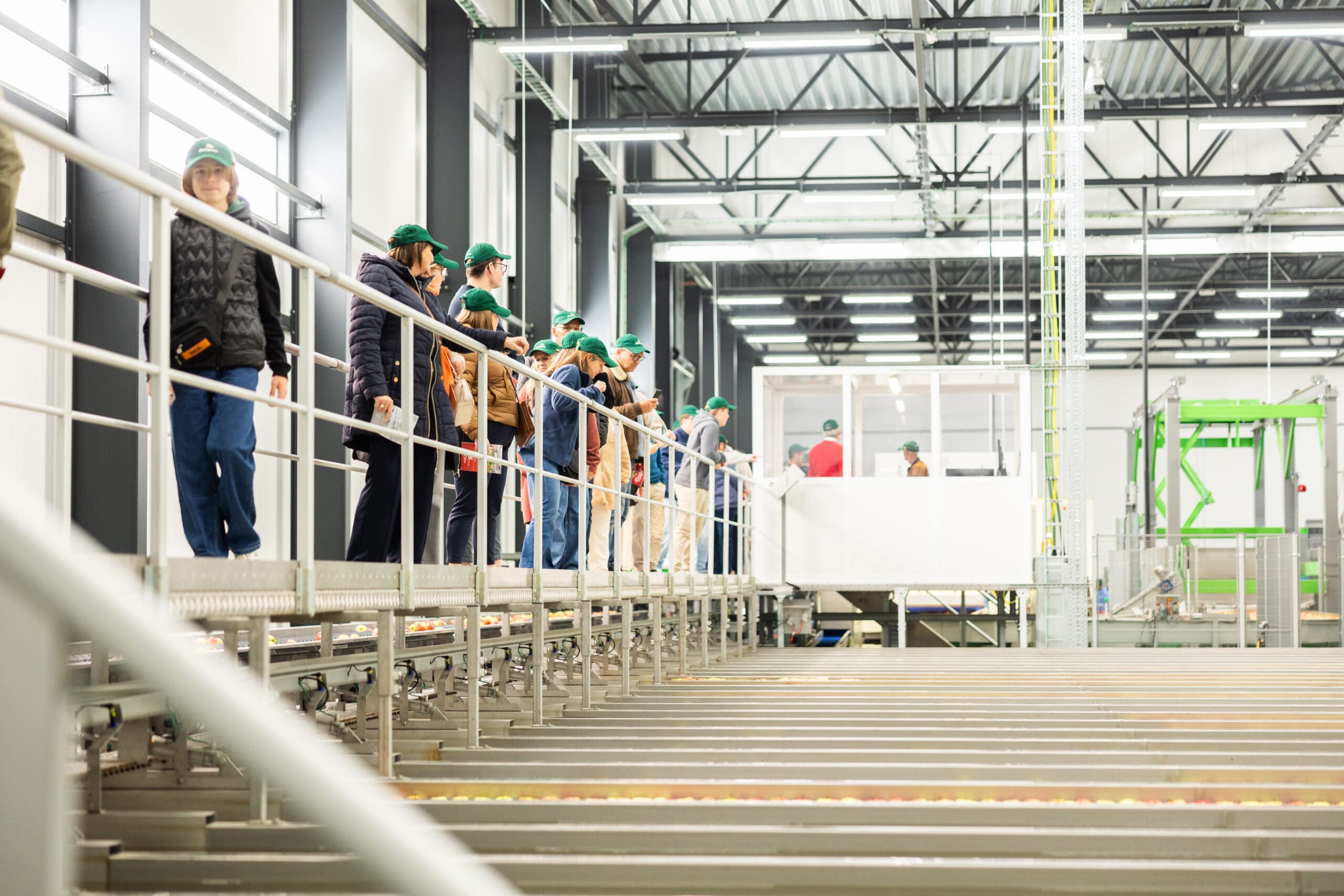 Verschillende gasten kijken in de fabriek naar de appels die van de band lopen